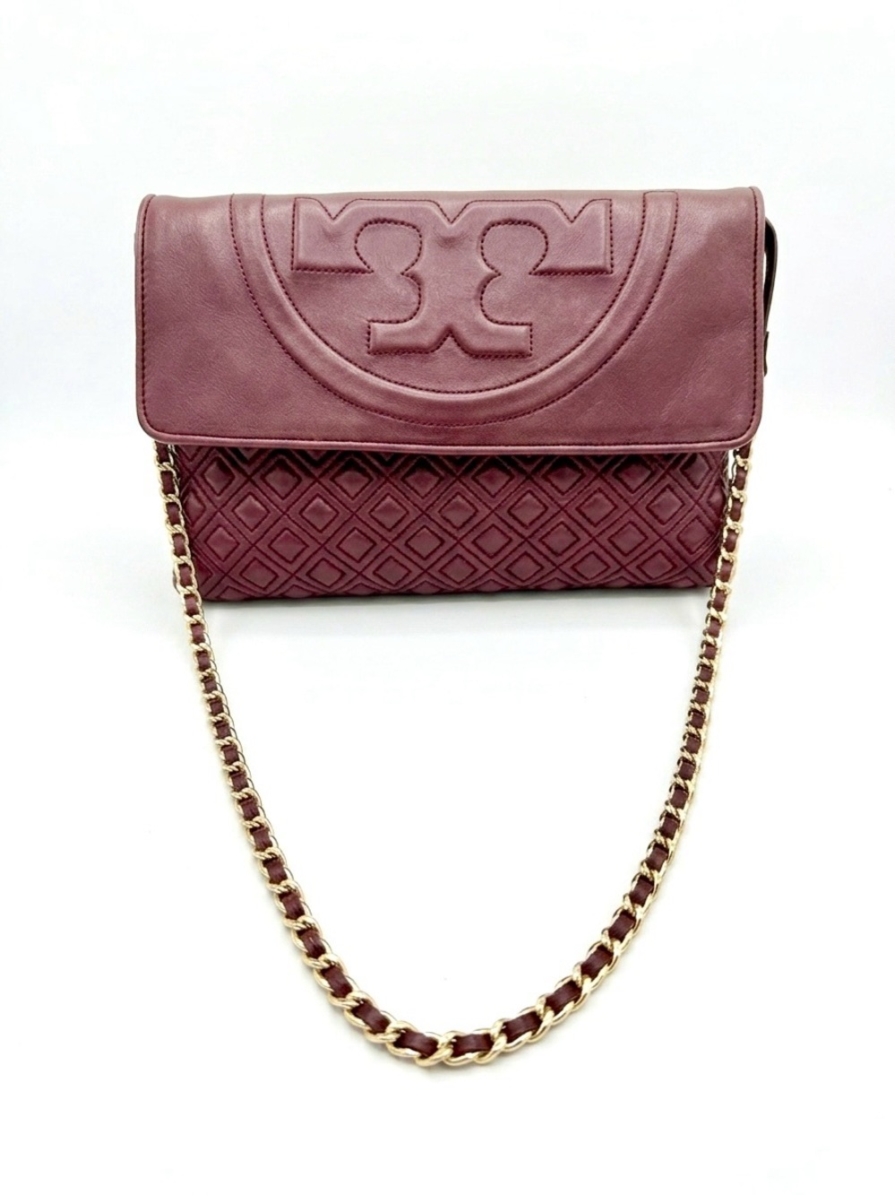 Tory Burch Marion Quilted Leather Flap Shoulder Bag Clutch Burgundy Plum - Picture 2 of 8